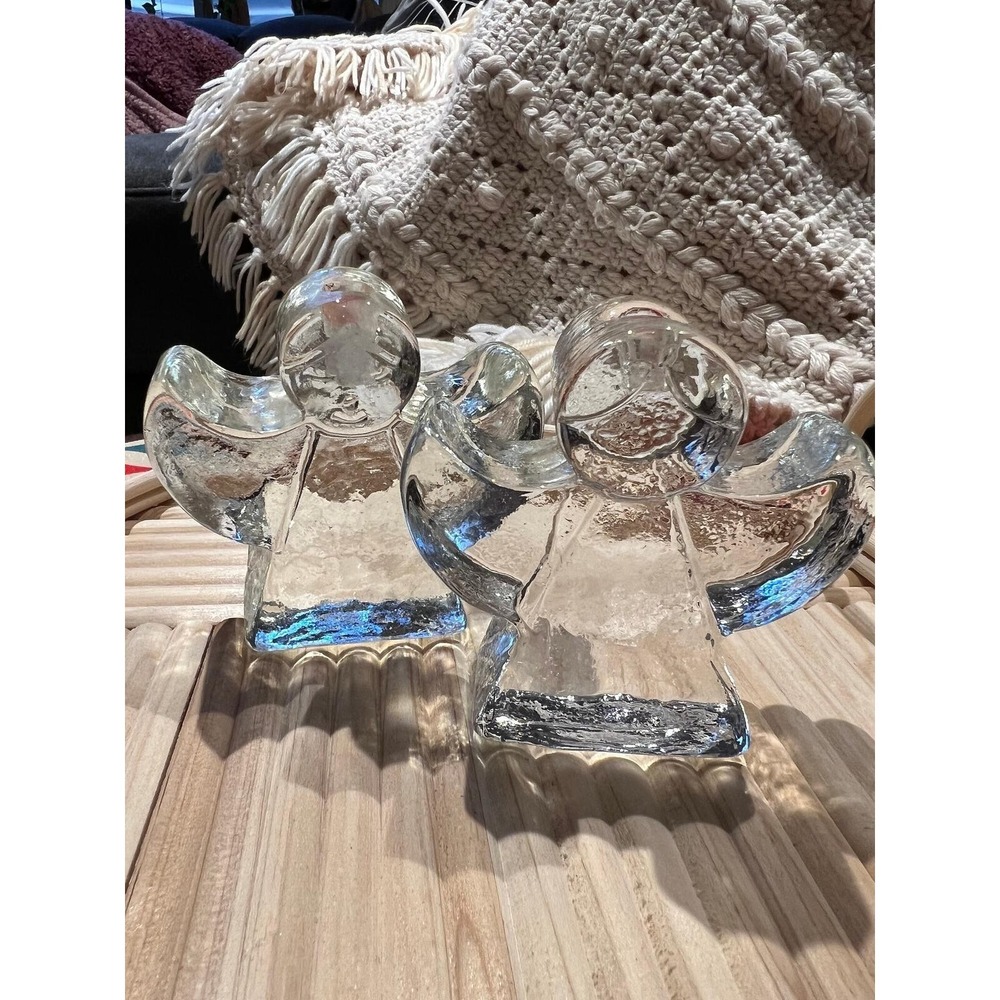 Vintage Clear Art Glass Angel Figurines Set of 2 Textured Ice Block Sculptures